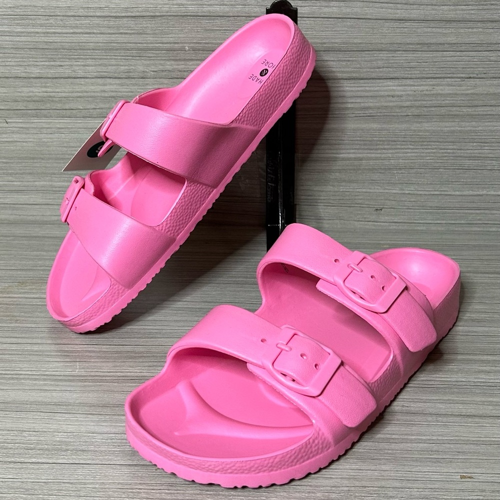 Woman’s Neida EVA two band foot bed slide sandals. Vibrant Pink